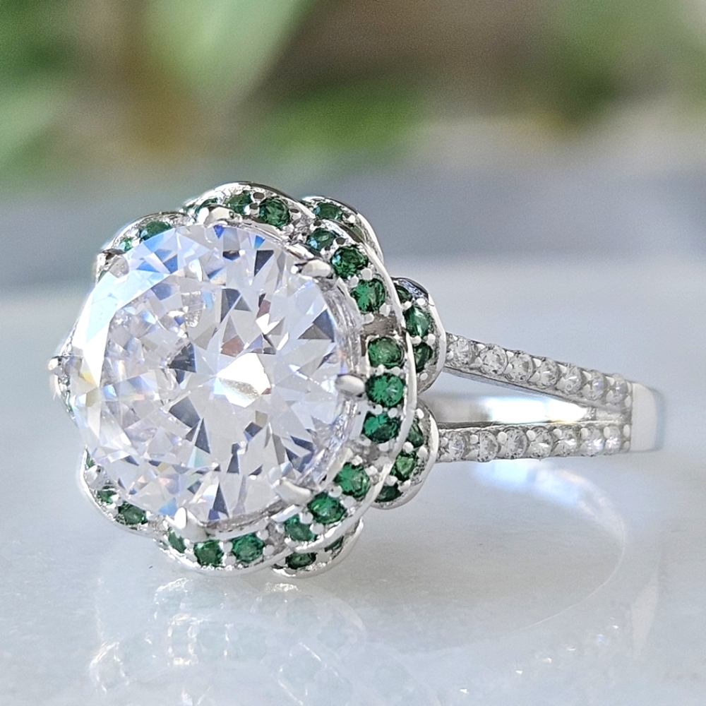 Emerald Green Gemstone ring, 925 Sterling Silver Charmed Aroma Floral Collection